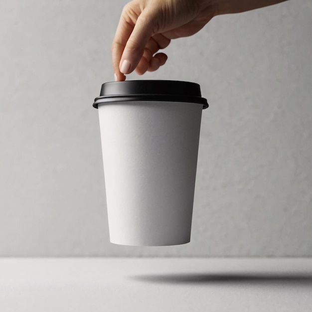 Copo de café de papel com um invólucro em branco Mock up com fundo simples