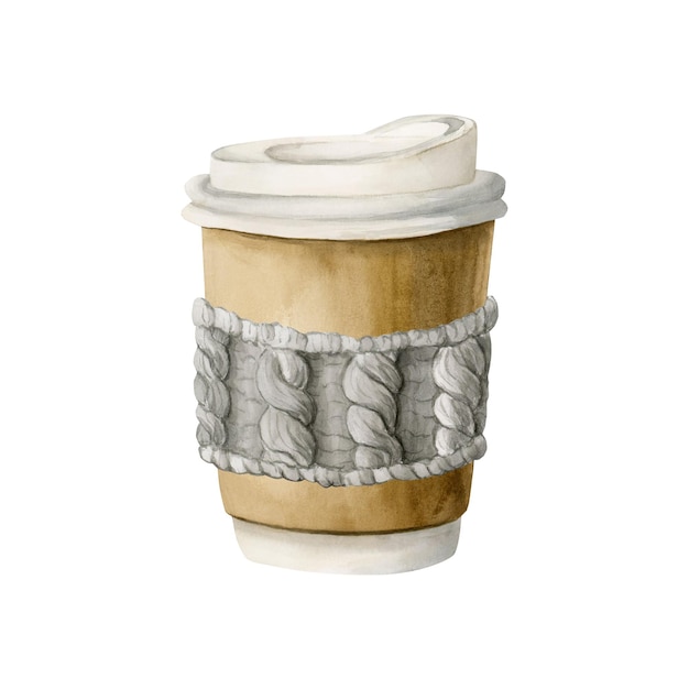 Copo de café de papel de artesanato descartável para levar com suporte de copo de tricô Ilustração de alimentos em aquarela