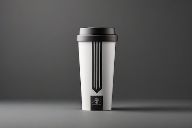 Copo de café de plástico alto com um design de embalagem premium com cores pretas e brancas