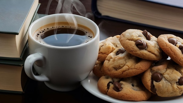 Copo de café e biscoitos com chocolate