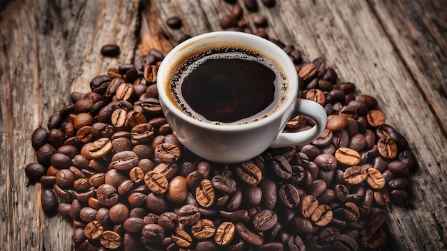 Copo de café e grãos de café em fundo de madeira velha
