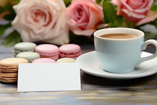 Copo de café expresso cartão de visita branco e macarrão azul na mesa