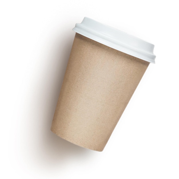 Copo de café kraft em branco para viagem com tampa branca isolada em fundo branco