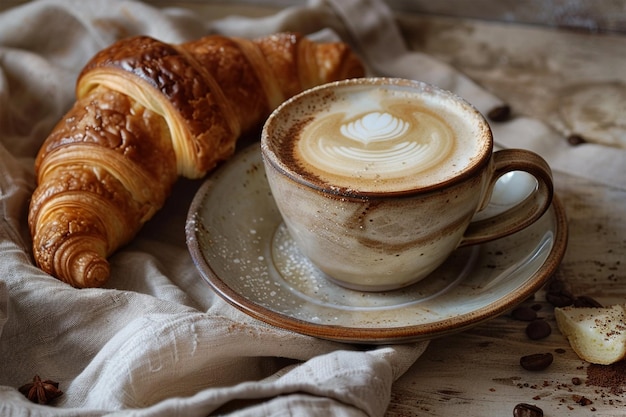 Copo de café retrô com croissant em fundo vintage