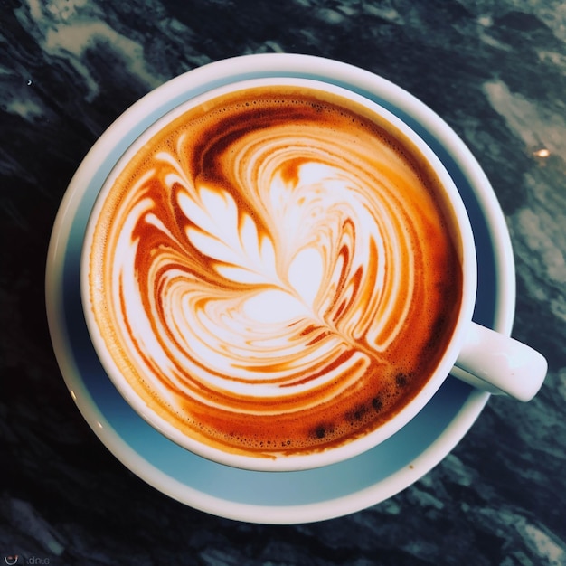 Copo de cappuccino com arte de latte em mesa de madeira