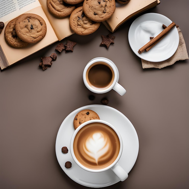 Copo de cappuccino com biscoitos e um livro sobre a mesa de vista frontal de foto grátis