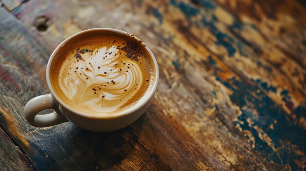 Copo de cappuccino com desenho artístico de espuma