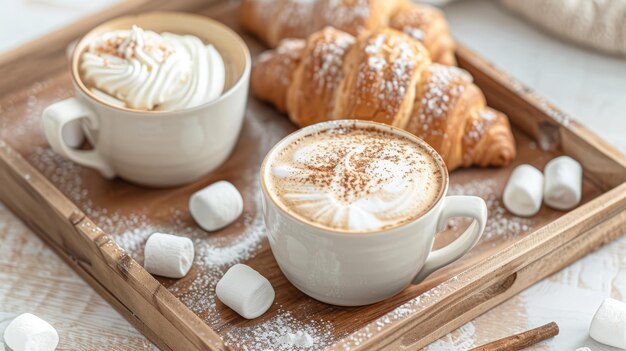 Foto copo de cappuccino e croissants na bandeja de madeira