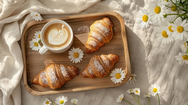 Foto copo de cappuccino e croissants na bandeja de madeira