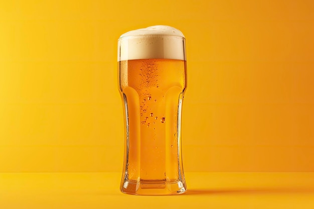 Copo de cerveja com cerveja cheia isolada com fundo amarelo