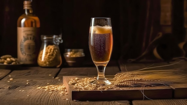 Copo de cerveja com trigo sobre fundo de madeira ai gerado