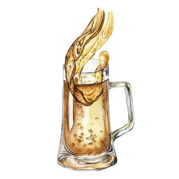 Copo de cerveja e ilustração de aquarela splash isolada no fundo branco