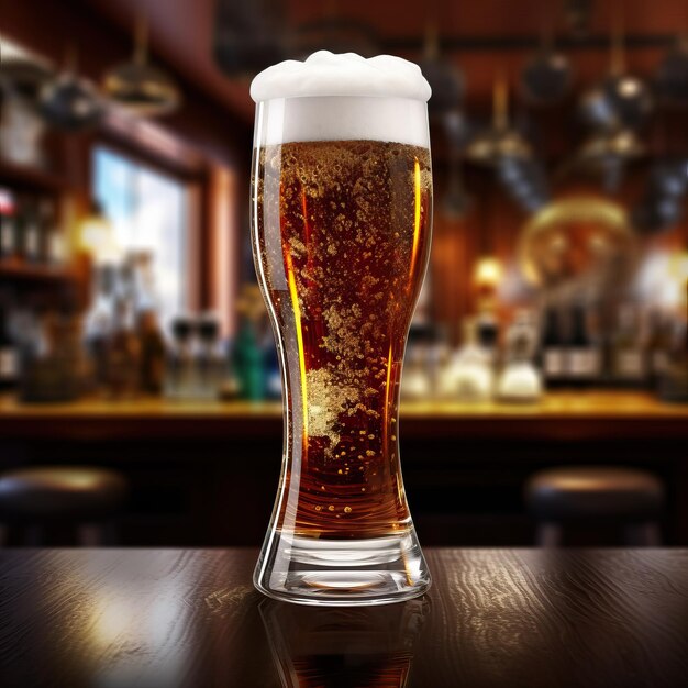 Copo de cerveja em fundo bokeh em um bar criado usando ferramentas generativas de IA