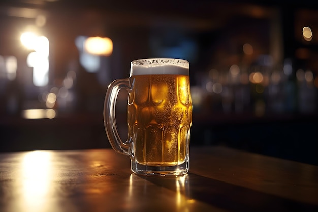 Copo de cerveja em um balcão de bar em um pub ou restaurante