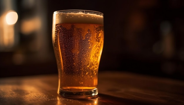 Copo de cerveja espumoso na mesa de madeira iluminada gerada por IA