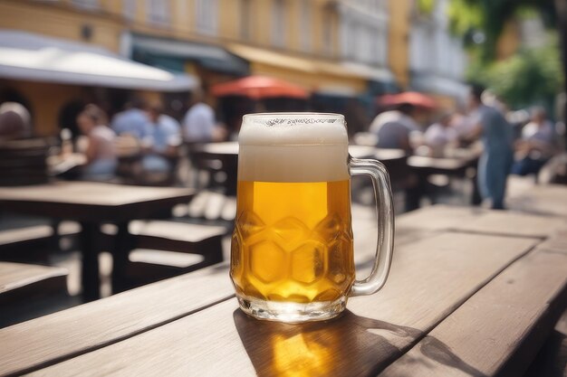 copo de cerveja na mesa em um café ao ar livre