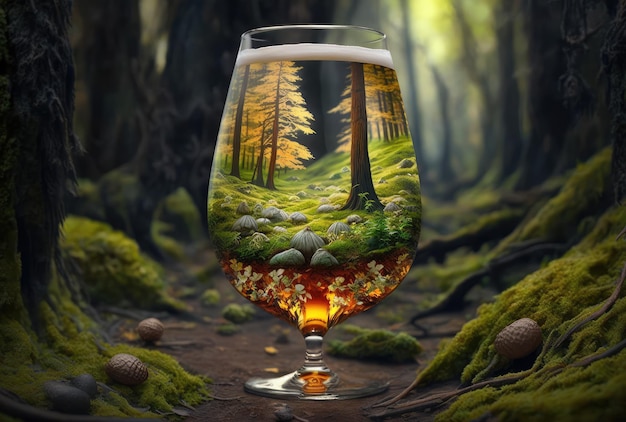 Copo de cerveja na paisagem da floresta Generative AI