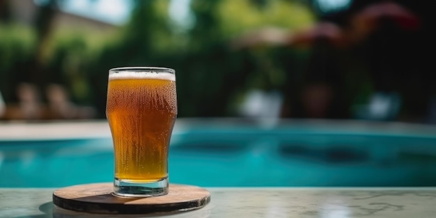 Foto copo de cerveja no fundo da piscina com cópia espaço dia internacional da cerveja ai gerado