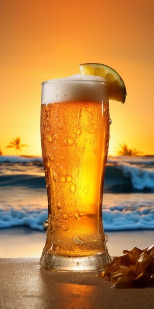 Copo de cerveja realista Orange Sunrise Island na areia ao pôr do sol