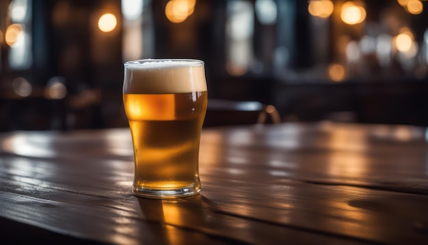 Copo de cerveja refrigerado em uma mesa de bar de madeira