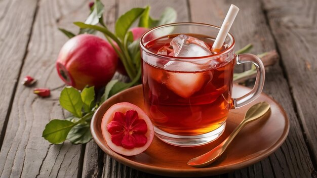 Foto copo de chá roselle gelado com frutas roselle frescas em mesa de madeira para conceito de bebida de ervas saudáveis