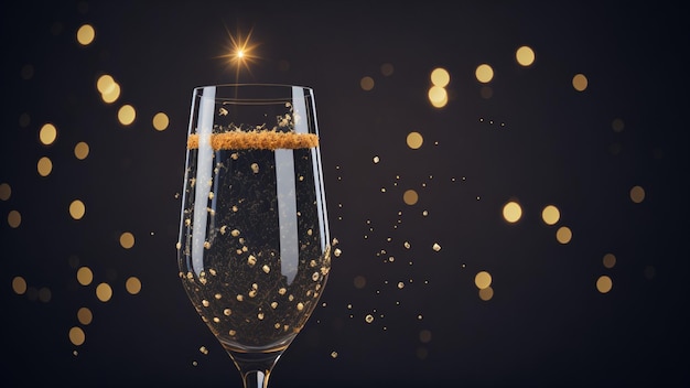 Copo de champanhe com brilhos dourados e bokeh em fundo escuro