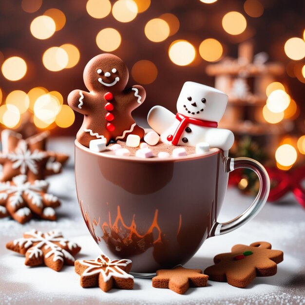 Copo de chocolate quente de Natal com marshmallow e homem de pão de gengibre em fundo bokeh