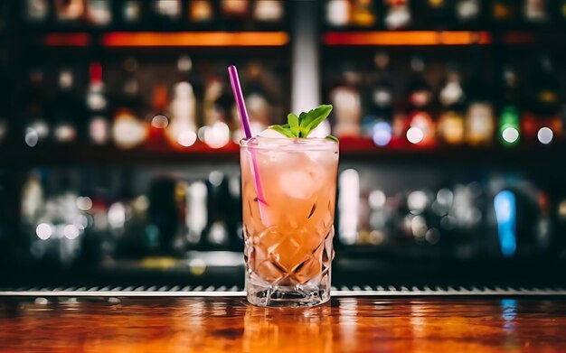 Copo de coquetel de bar de álcool no balcão de bar copo de coqueta em um bar bebendo coquetel em bar coquetel no copo com palhinhas bebida fresca coquetel