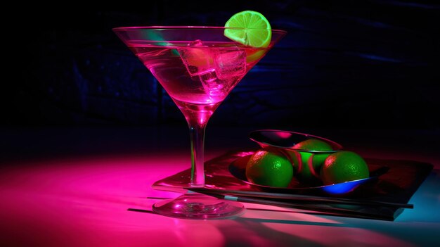 Copo de coquetel em luz neon hipnótica Bebida colorida para festa rave IA generativa