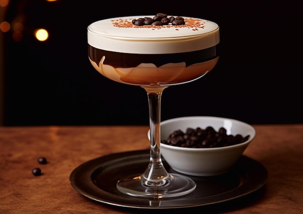 Copo de coquetel Espresso Martini com grãos de café em mesa de bar de madeiraAI Generative