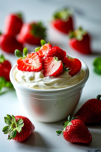 Copo de creme com morangos em fatias em cima e folhas verdes ao redor