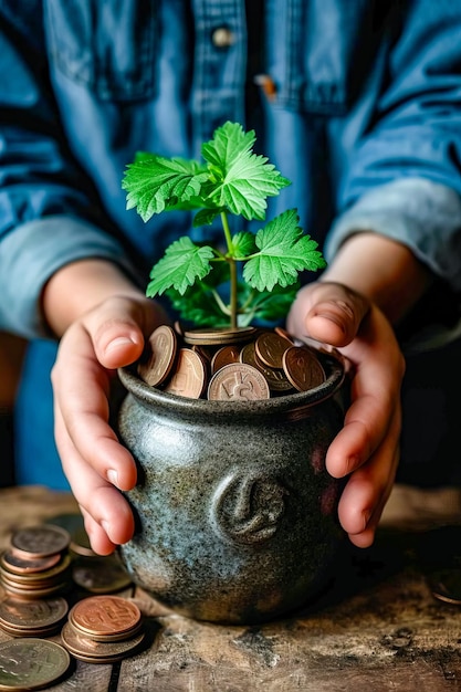 Copo de criança contendo moedas e planta