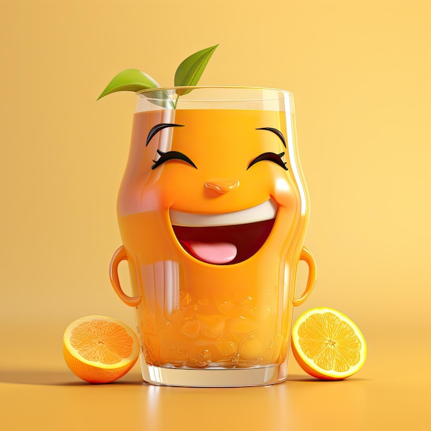 copo de desenho animado com suco de laranja com um rosto alegre e amigável