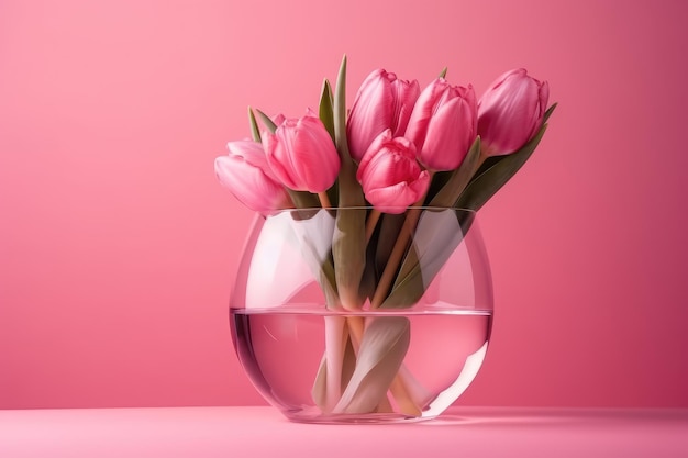 Copo de flores frescas de tulipa rosa em vaso Fundo rosa