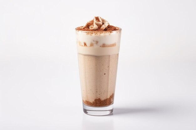 Copo de frappe isolado com creme e pó de canela em fundo branco