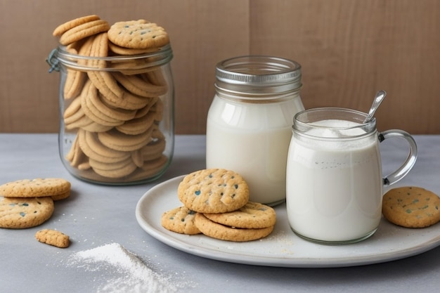 Copo de leite com frasco de biscoitos e farinha