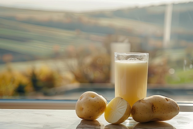 copo de leite de batata com batatas cruas na mesa da cozinha com vista para o campo leite alternativo