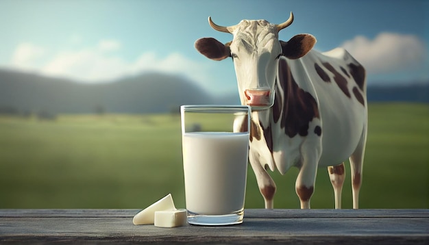 Copo de leite em uma mesa com vacas ao fundo imagem gerada por Ai