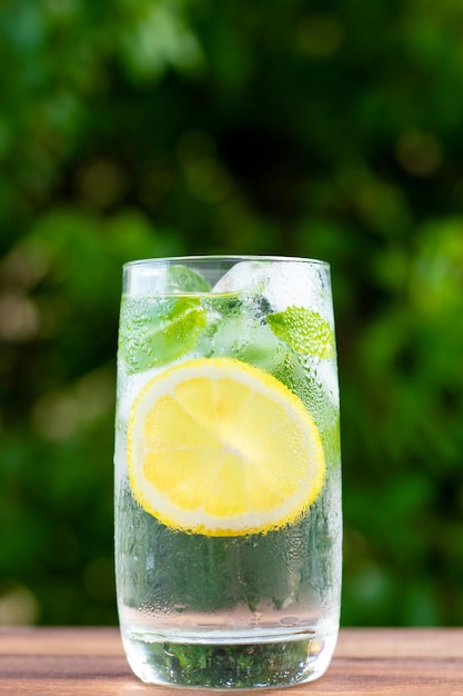 Foto copo de limonada cítrica caseira fresca com hortelã-limão e gelo contra hortaliças bebidas frias de verão