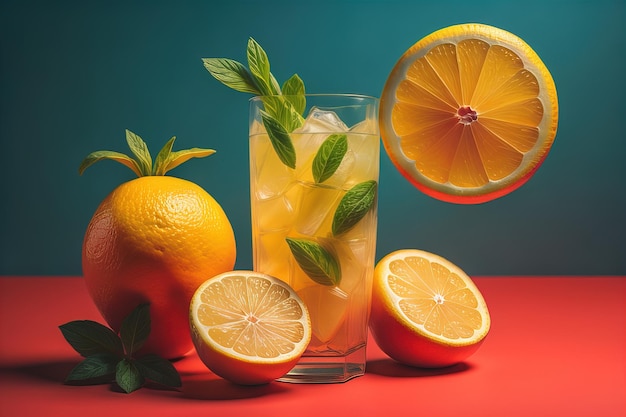Copo de limonada com limões frescos ai generativo
