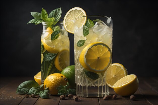 Copo de limonada com limões frescos ai generativo