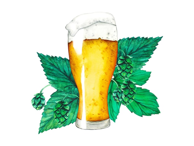 Copo de lúpulo de cerveja e folhas Coleção de cerveja em aquarela