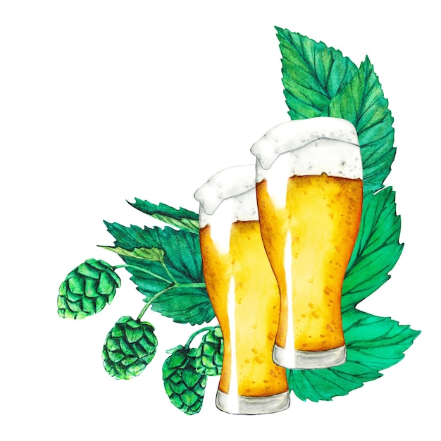 Copo de lúpulo de cerveja e folhas Coleção de cervejas Frame aquarela Clip Art para Octoberfest