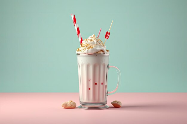 Foto copo de milk-shake 3d com molho de frutas generative ai