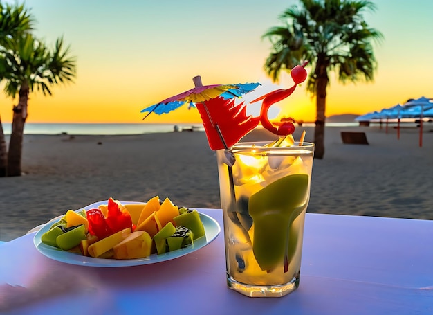 Copo de mojito Tropical Morning Vibes com guarda-chuva de palha e gelo em formato especial na praia da ilha