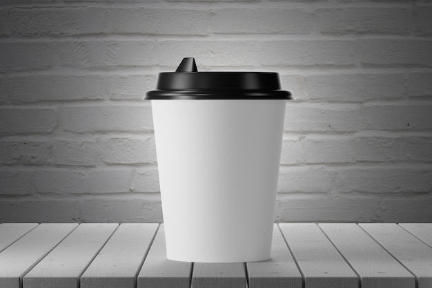 Copo de papel branco em uma mesa de madeira, parede de tijolos no fundo. Renderização 3D.