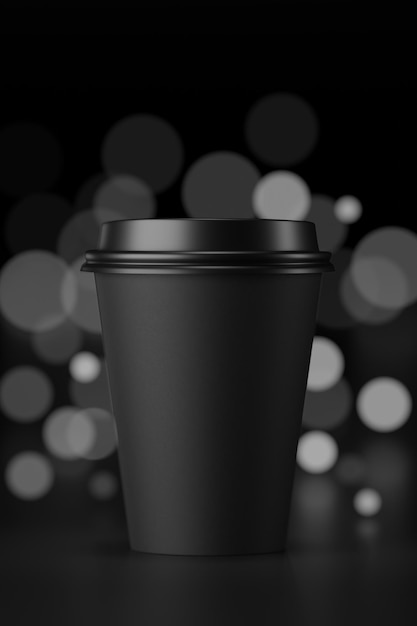 Foto copo de papel de café preto de 330 ml com ilustração de renderização 3d de fundo desfocado