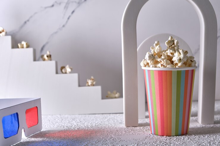 Copo de papel listrado com pipoca em um arco decorativo e degraus com pipoca e óculos 3D