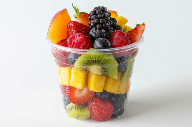 Copo de plástico com salada de frutas frescas de fundo branco
