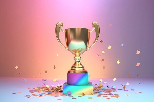 Copo de prêmio de troféu de ouro 3D metálico holográfico em fundo de cores pastel gradiente objeto iridescente prêmio vencedor da competição com conceito de confete de cor AI conteúdo generativo